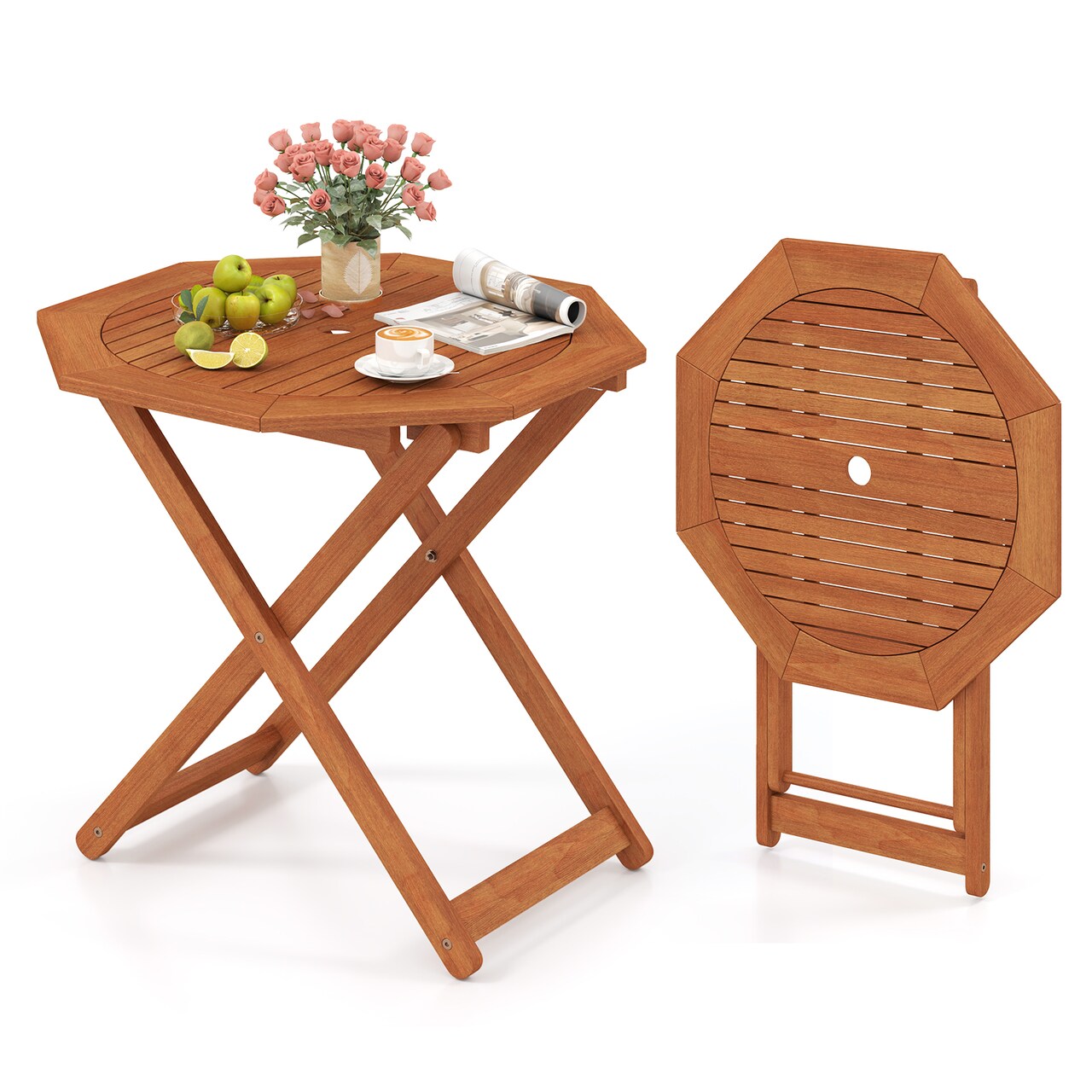 Space-Saving Solid Shorea Wood Foldable Patio Table with Umbrella Hole and Octagon Shape Seats Four People